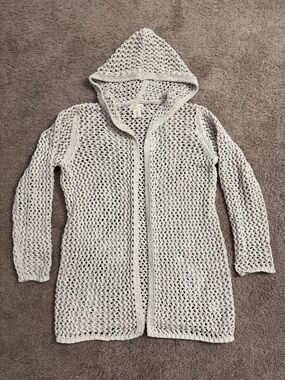 Nicole Miller Crochet Hooded Cardigan Women Size Medium Ivory Long Sleeve Shirt